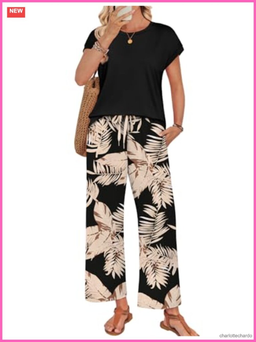 Two Piece Lounge Set Women Wide Leg Pants Cap Sleeve Top Summer Vacation Outfit